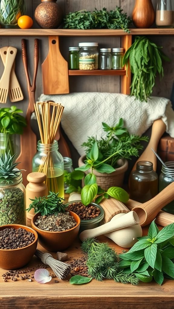 A vibrant goblincore kitchen filled with herbs, jars, and wooden tools for crafting herbal remedies.