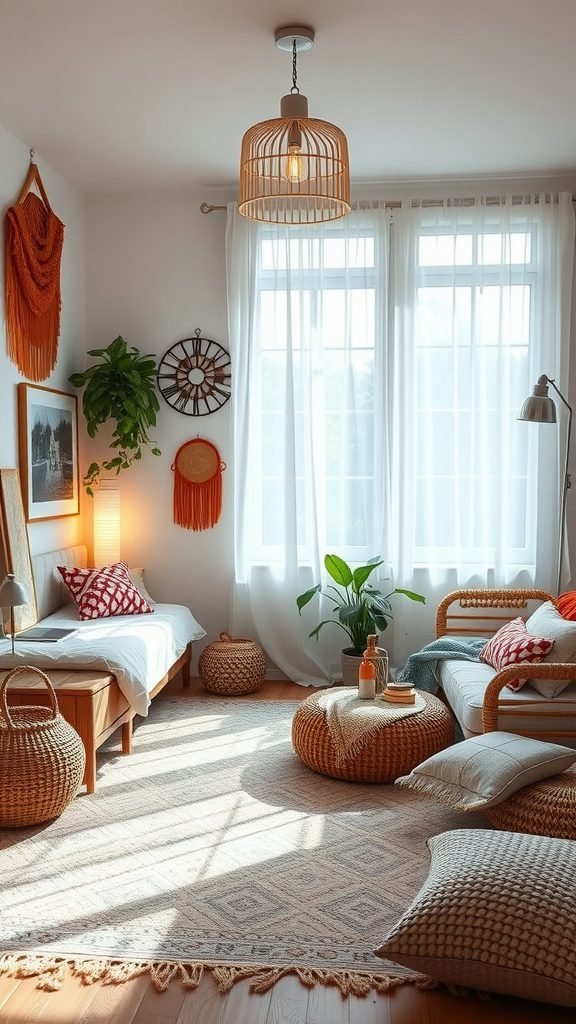 Cozy boho bedroom with natural light, plants, and textured furnishings.