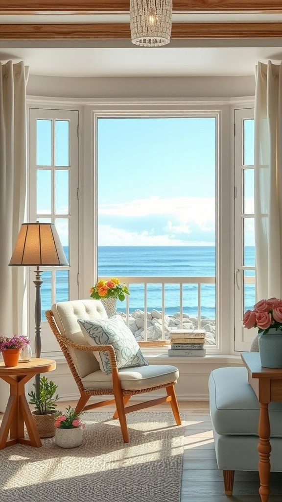 Cozy reading nook in a coastal living room with ocean view
