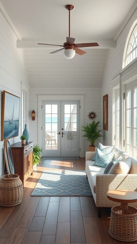 A bright and inviting coastal entryway with a seating area, plants, and light decor.
