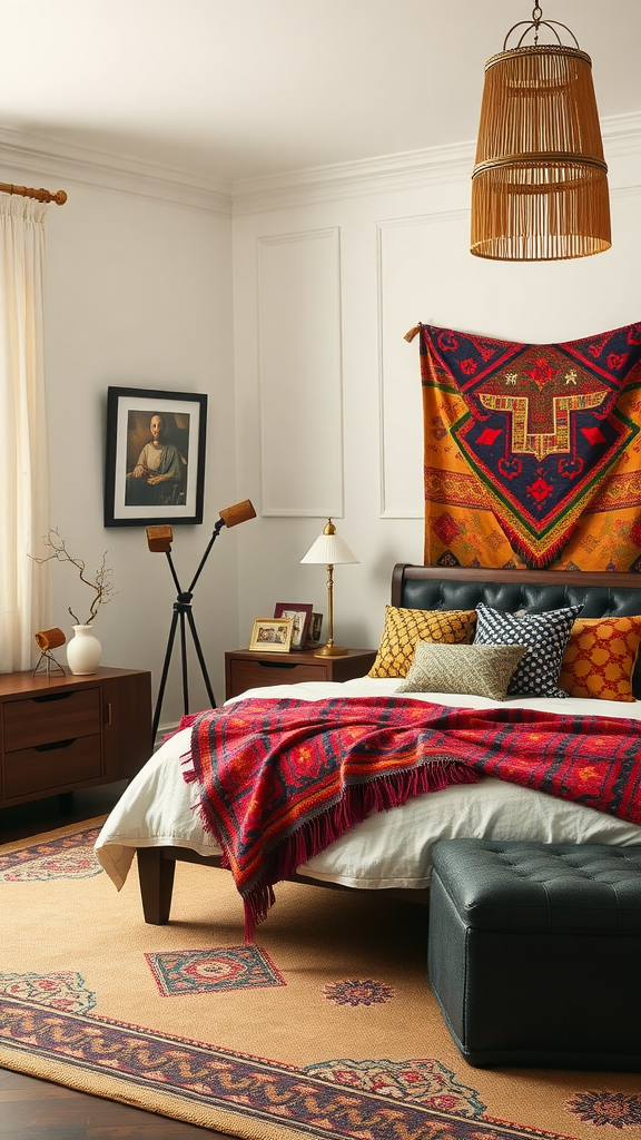 Eclectic Boho Bedroom featuring colorful cultural textiles, a cozy bed with layered blankets and pillows, and a stylish rug.