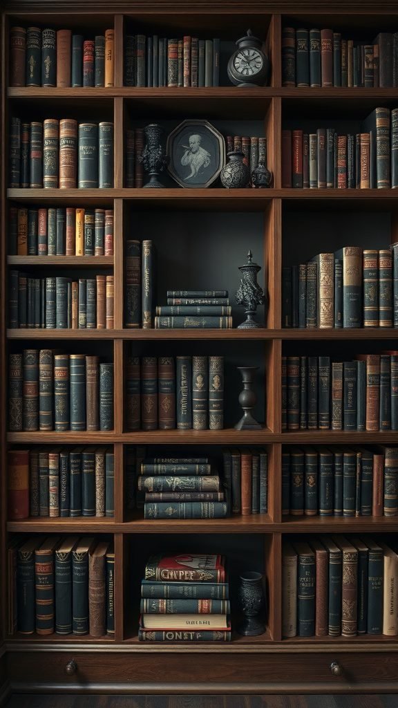 A wooden bookshelf filled with vintage books, decorative items, and a clock, showcasing a dark feminine bedroom aesthetic.