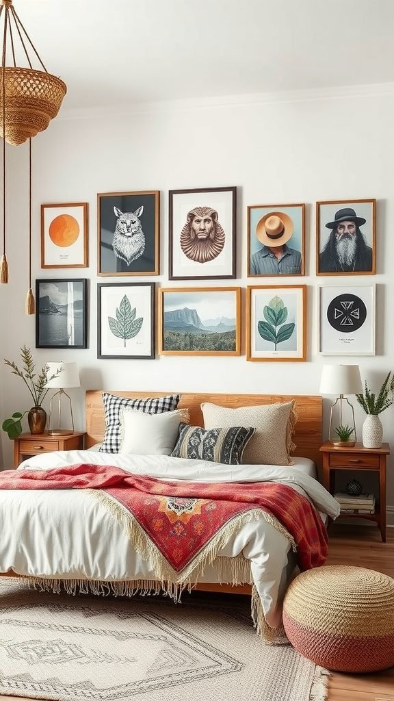 A cozy bedroom with a gallery wall of framed art and a warm color palette.