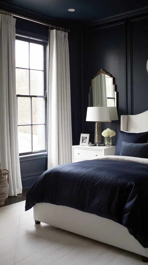 dark feminine bedroom navy
