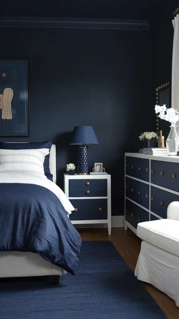 dark feminine bedroom navy
