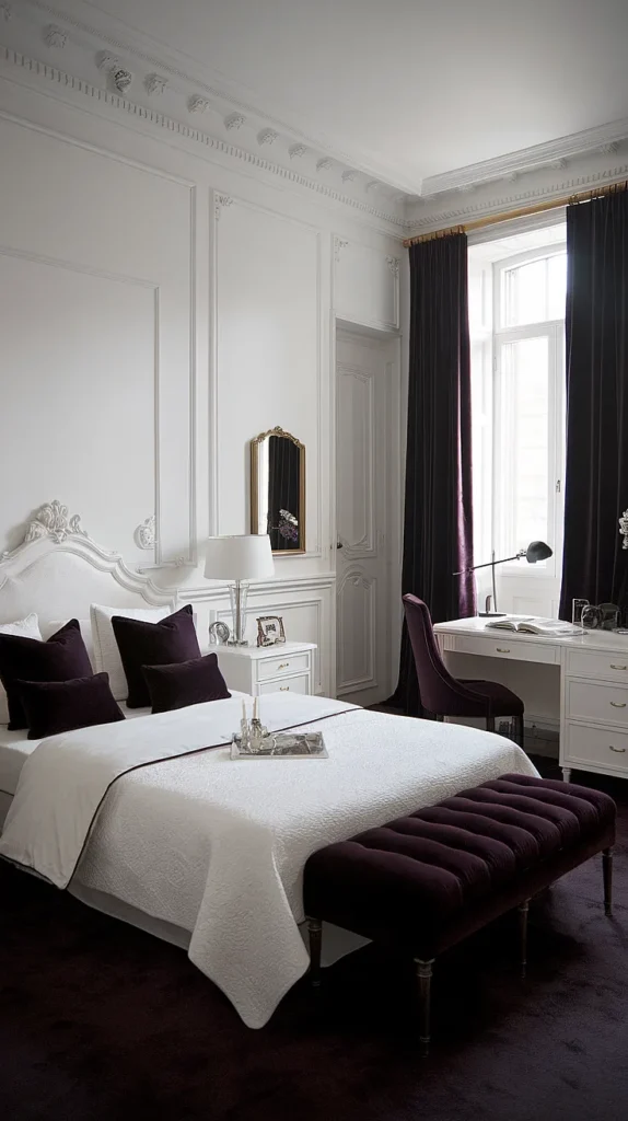 dark feminine bedroom white walls