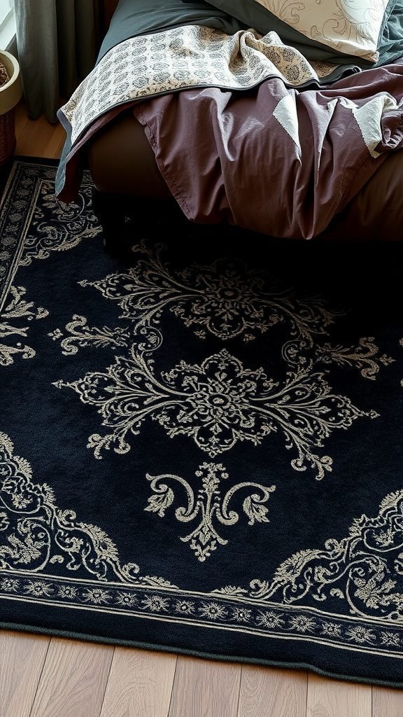 A dark-themed area rug with intricate designs in a feminine bedroom setting.