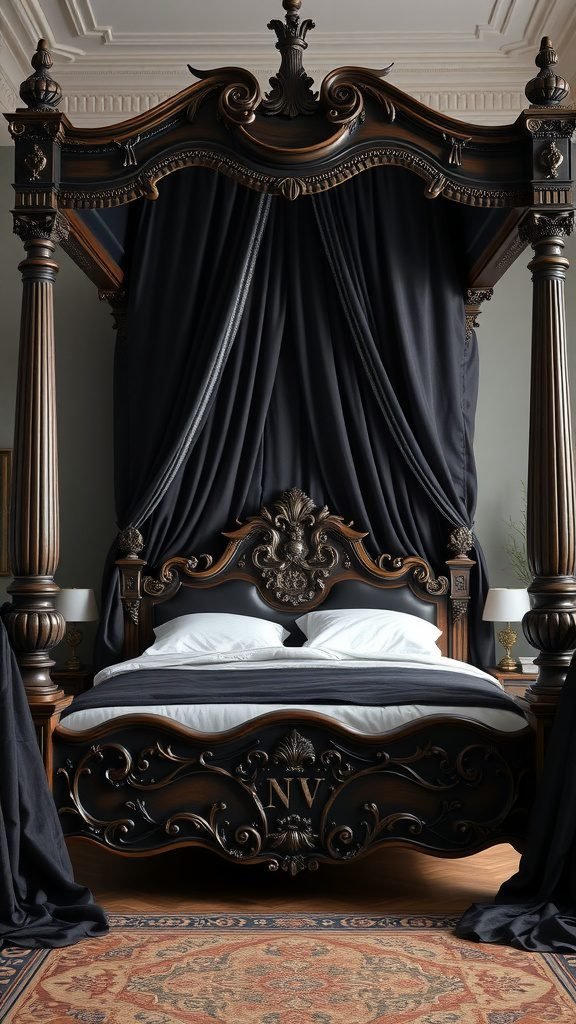 A richly decorated four-poster bed with dark drapes in a stylish bedroom.