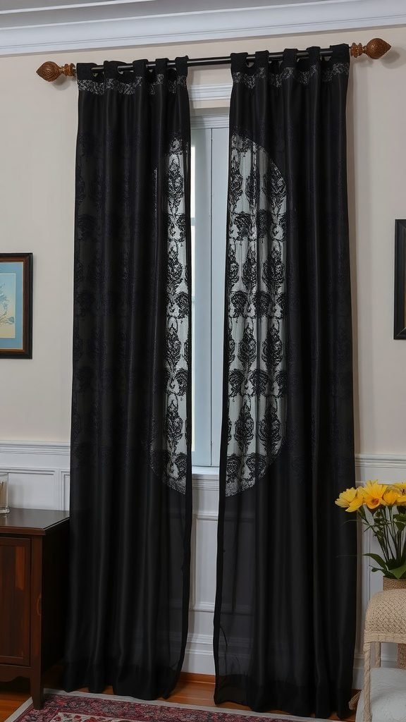 Black lace curtains in a dark feminine bedroom setting