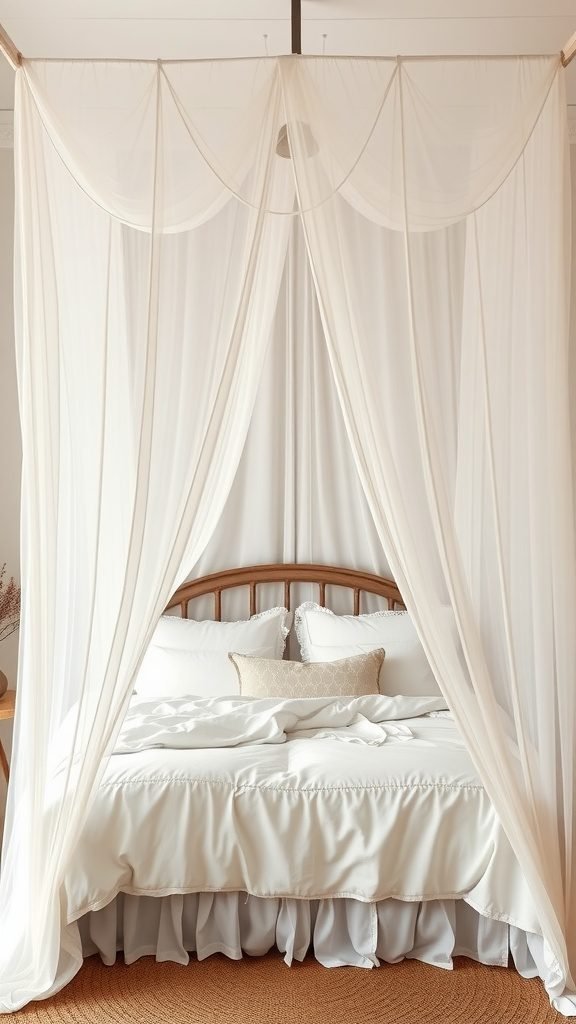 A cozy canopy bed with soft white drapes creating a dreamy boho bedroom atmosphere.