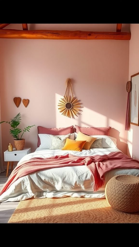 A dreamy boho bedroom with soft pink walls, a cozy bed with layered blankets, and natural decor elements.