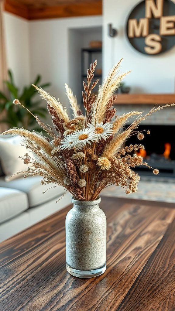A dried flower arrangement in a vase on a wooden table in a living room
