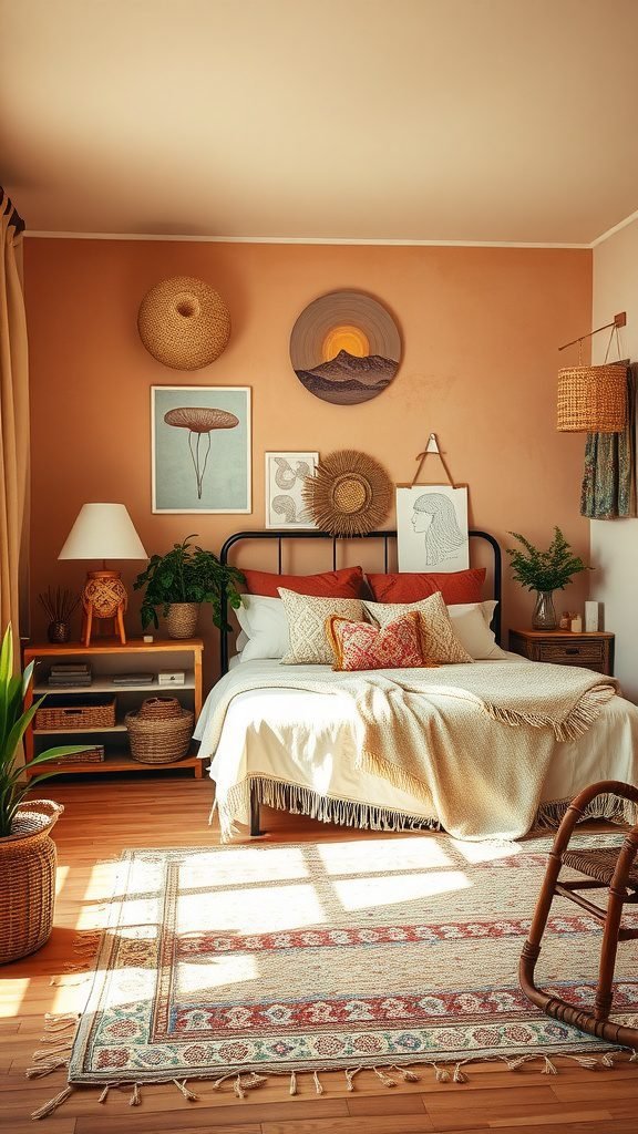 A cozy boho bedroom featuring an earthy color palette with terracotta walls, woven decor, and warm textiles.