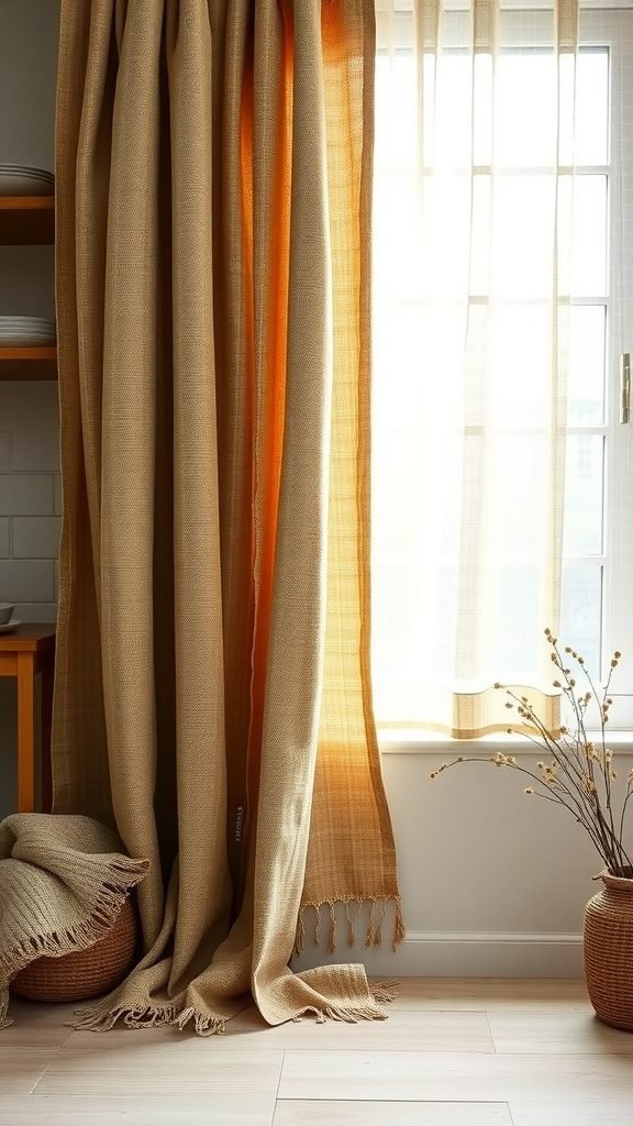 A cozy kitchen with natural fabric curtains and a woven throw, emphasizing earthy tones.