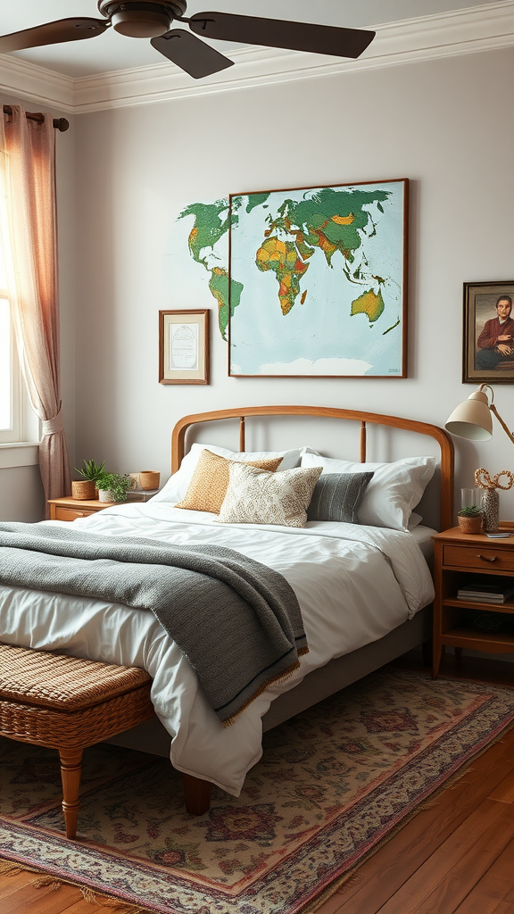 An eclectic boho bedroom featuring a world map, cozy bedding, and wooden furniture