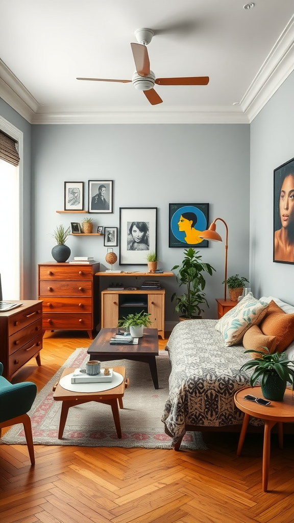 A beautifully arranged eclectic bedroom featuring a cozy sofa, wooden furniture, plants, and artwork.