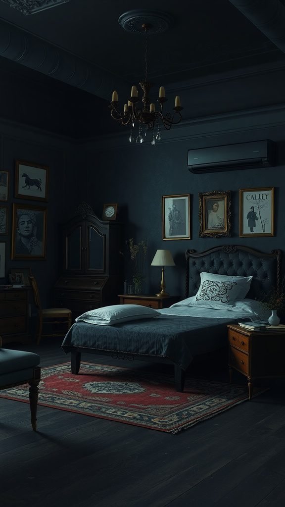 A dark feminine bedroom featuring eclectic furniture, dark bedding, vintage frames, and a cozy ambiance.
