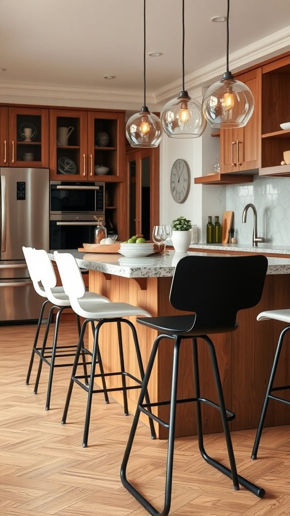 Stylish bar seating in a black and white kitchen with wooden cabinets and pendant lights.