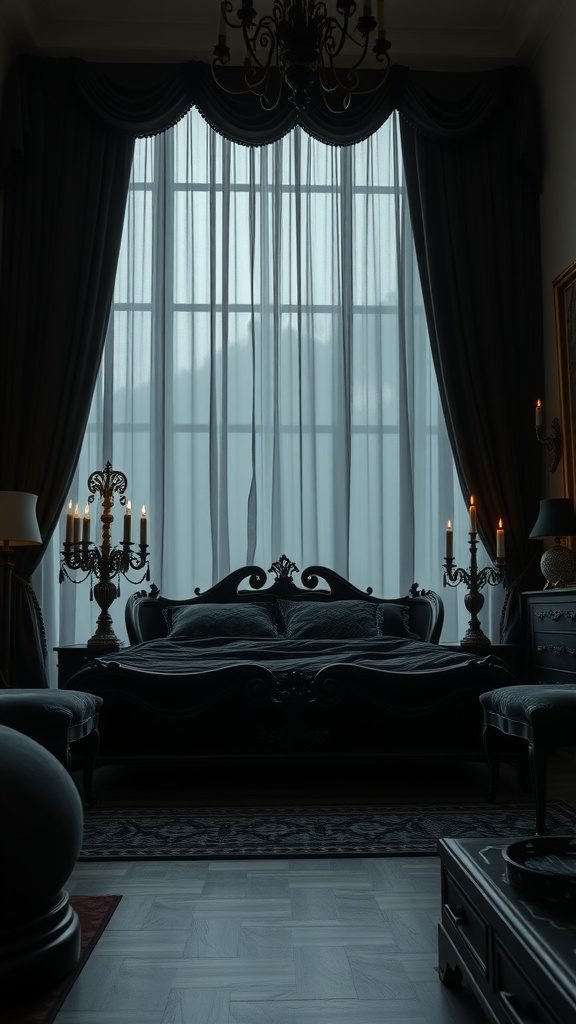 A dark feminine bedroom featuring an ornate bed, sheer curtains, and candelabras, creating a gothic yet elegant atmosphere.
