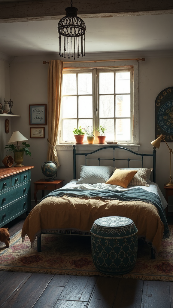 Cozy eclectic boho bedroom with vintage decor, featuring a teal dresser, layered bedding, and houseplants.