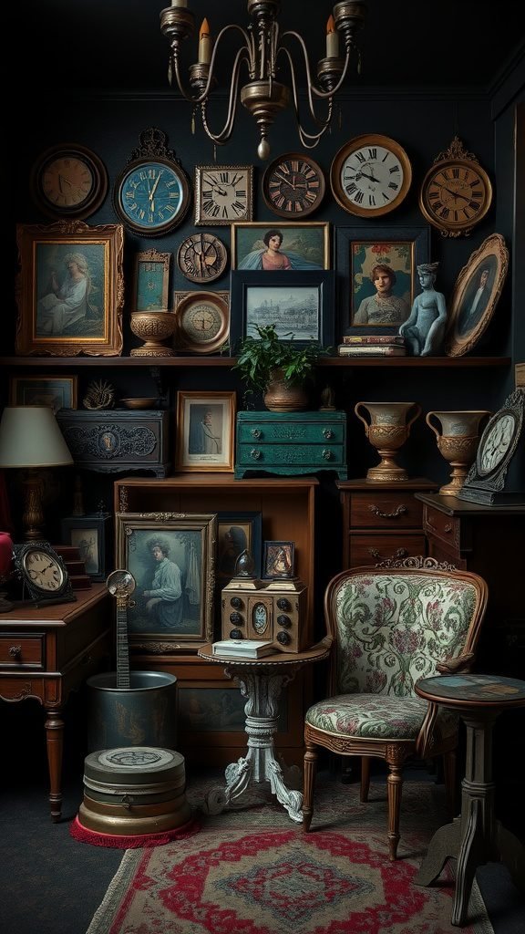 A cozy dark feminine bedroom with an array of vintage decor, featuring ornate clocks, antique paintings, and stylish furniture pieces.