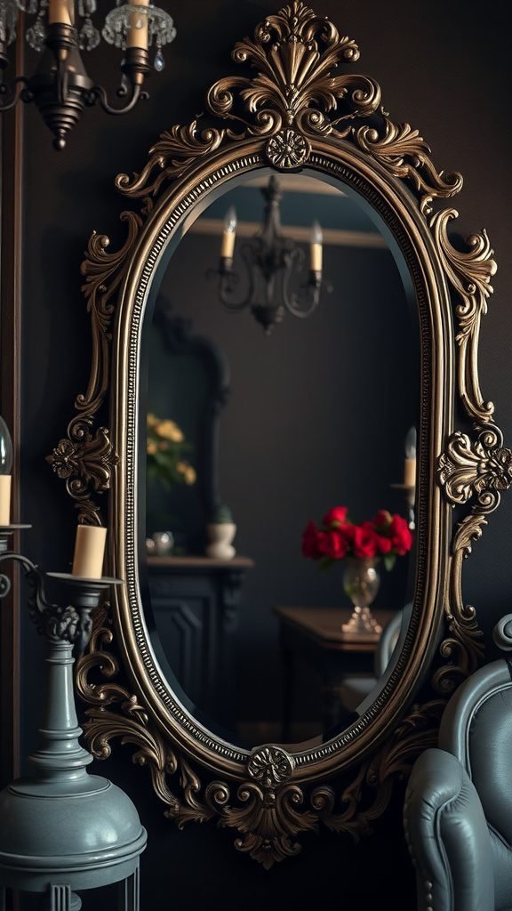 An ornate gold-framed mirror reflecting a dark feminine bedroom with candles and roses.