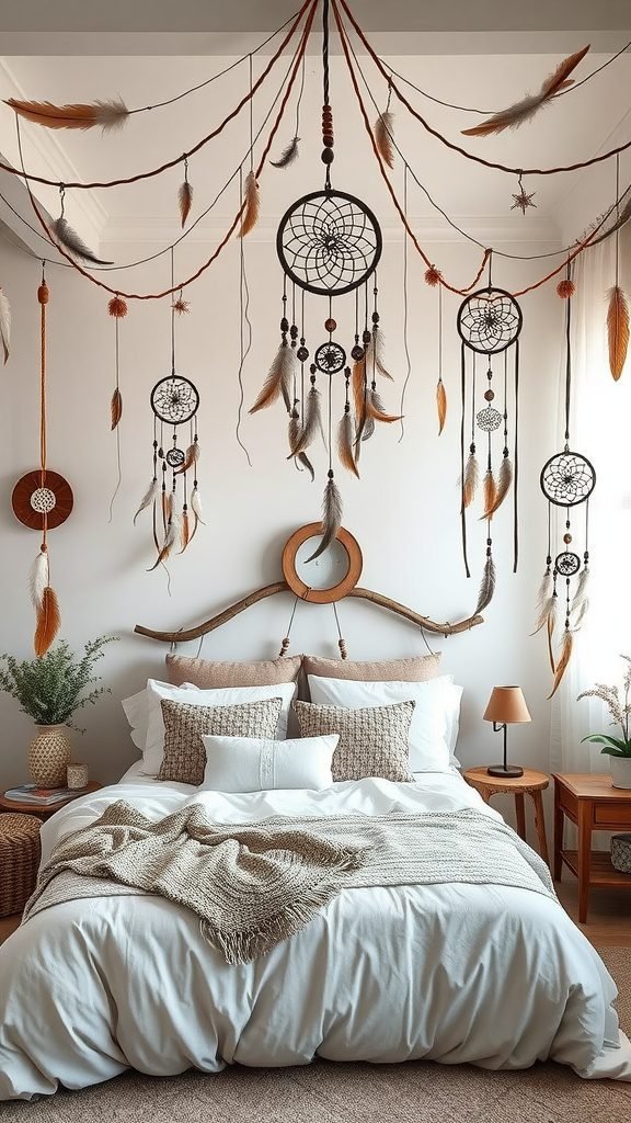A dreamy boho bedroom featuring dreamcatchers and feathers hanging from the ceiling, with a cozy bed adorned in soft linens.