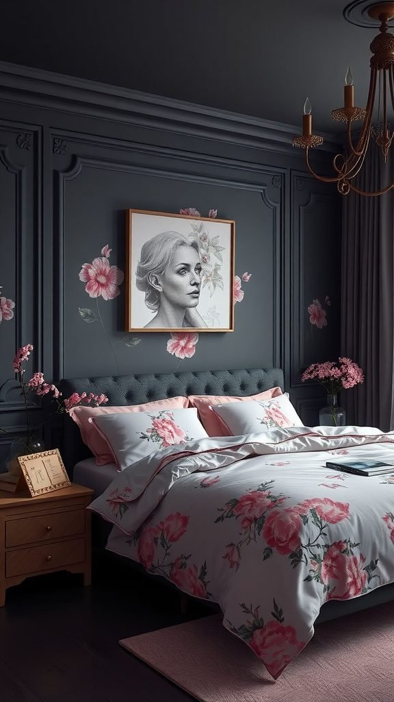 A stylish dark feminine bedroom featuring floral bedding and a portrait.