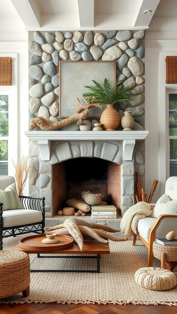 Coastal style living room with a stone fireplace adorned with pebbles and natural decor.
