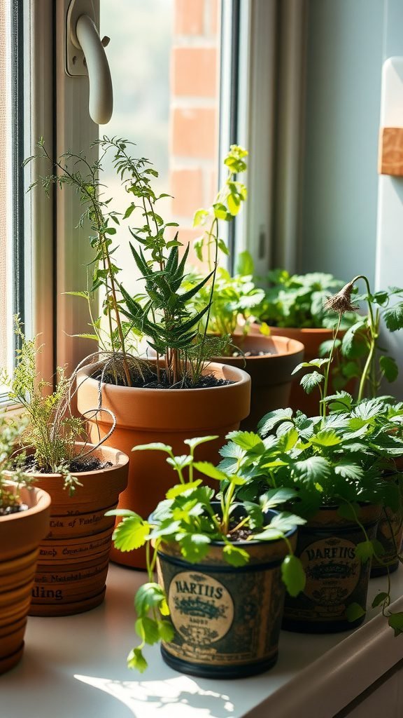 A collection of small pots with herbs on a windowsill, including basil, mint, and rosemary, basking in the sunlight.