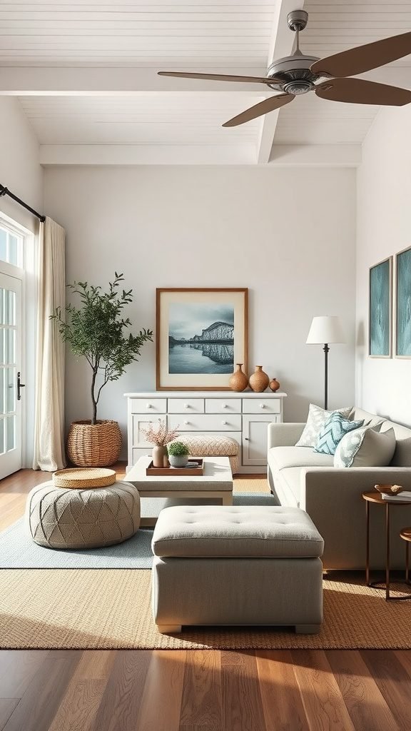 A beautifully decorated coastal living room featuring a light sofa, a coffee table, a round ottoman, and plants.