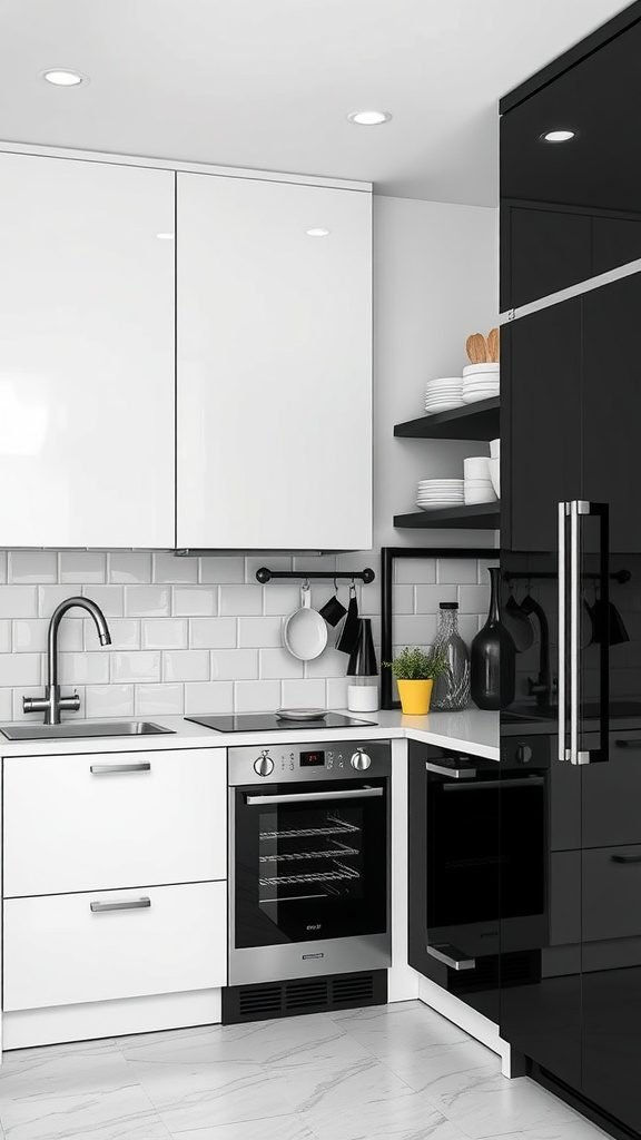 A functional black and white kitchen featuring sleek cabinets, open shelving, and modern appliances.