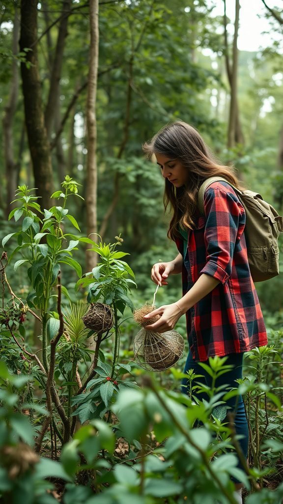 A person foraging in a forest, gathering wild ingredients for a goblincore kitchen.