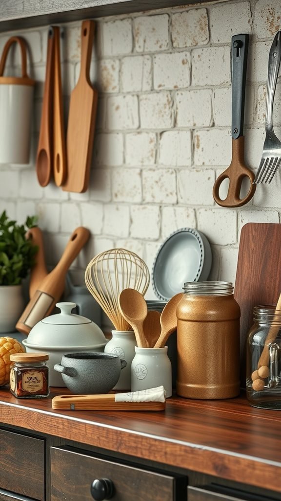 A cozy goblincore kitchen with wooden and ceramic tools on a rustic table.