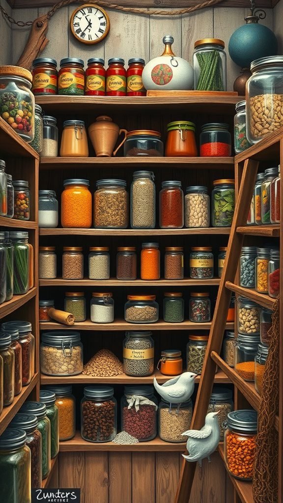 A cozy pantry filled with jars of various spices, grains, and preserved foods, featuring wooden shelves and decorative elements.