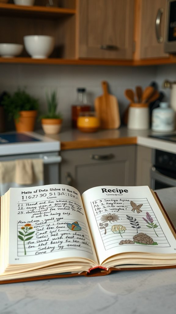 An open recipe book with handwritten notes and illustrations in a cozy kitchen setting.