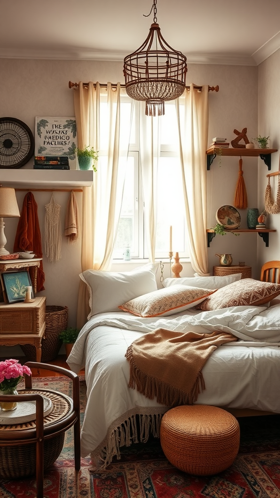 A cozy Eclectic Boho Bedroom featuring a bed with decorative pillows, a knitted throw, a woven light fixture, and handmade decor items.