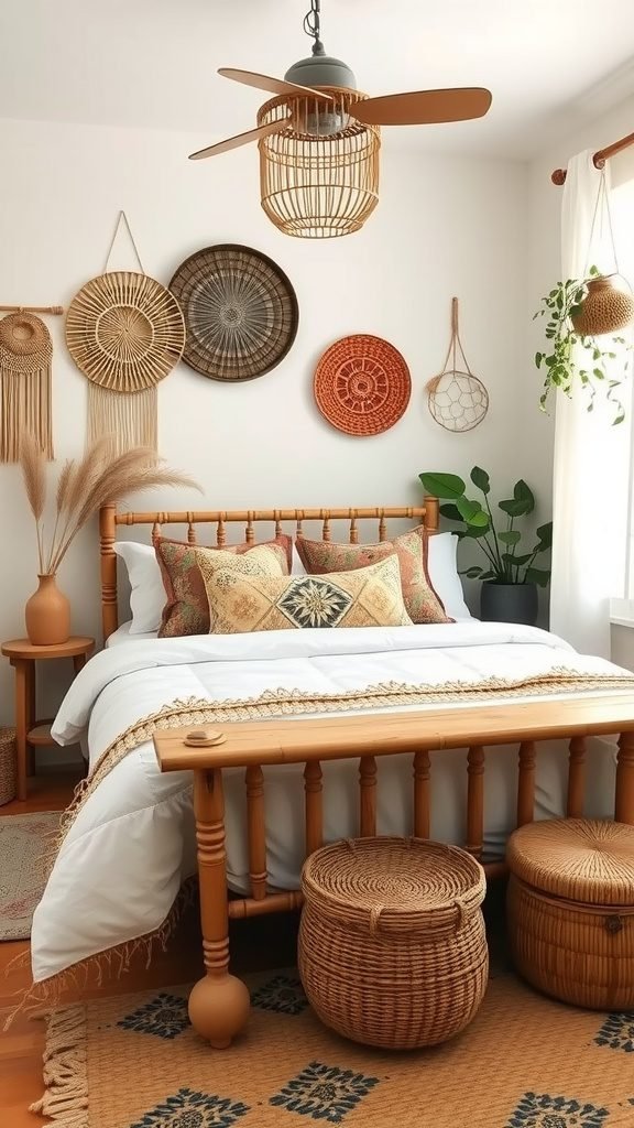 A cozy boho bedroom featuring a wooden bed, woven wall art, and natural decor elements.