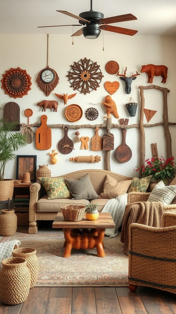 A cozy goblincore living room featuring handmade wooden crafts, a comfortable sofa, and natural decor.