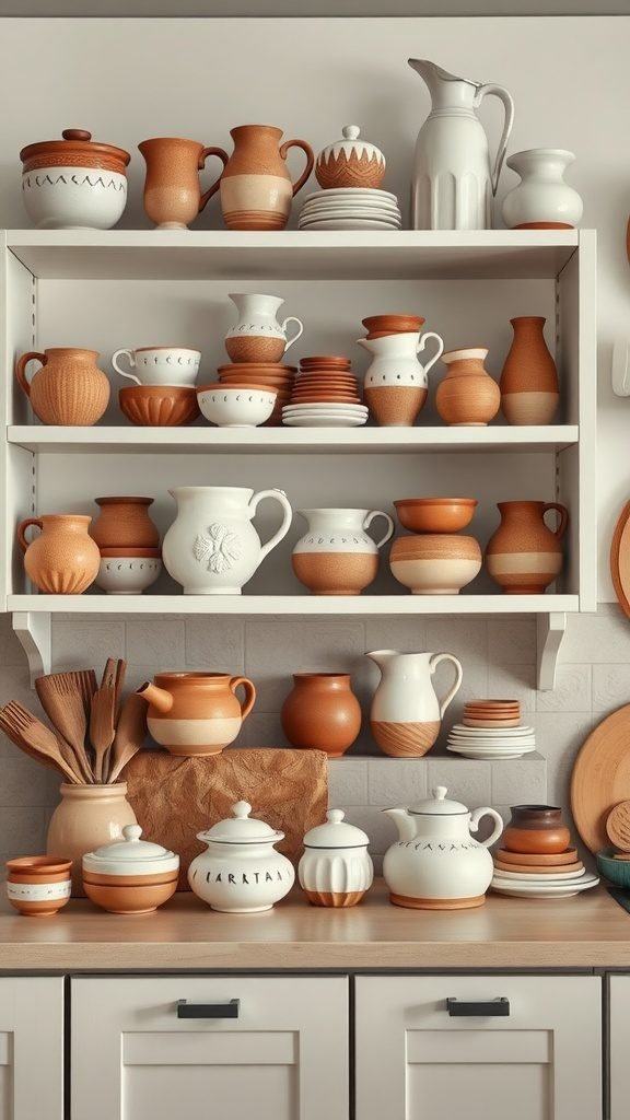 A collection of handmade pottery displayed on shelves in a cozy kitchen, featuring a variety of mugs, bowls, and pitchers in earthy tones.