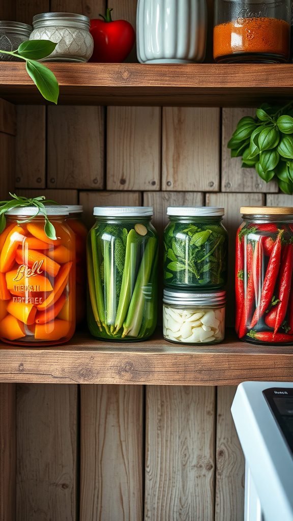 Colorful jars of vegetables on a wooden shelf, a part of a homemade fermentation station in a cozy kitchen.