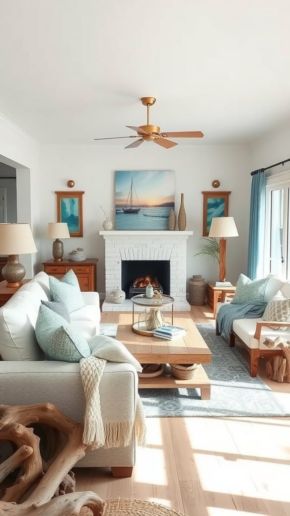 A coastal living room featuring driftwood elements with a light and airy design.