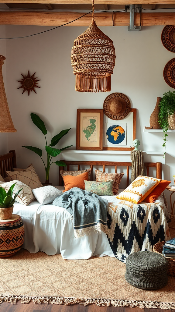 A cozy Eclectic Boho Bedroom with a mix of warm tones, unique patterns, and global decor.