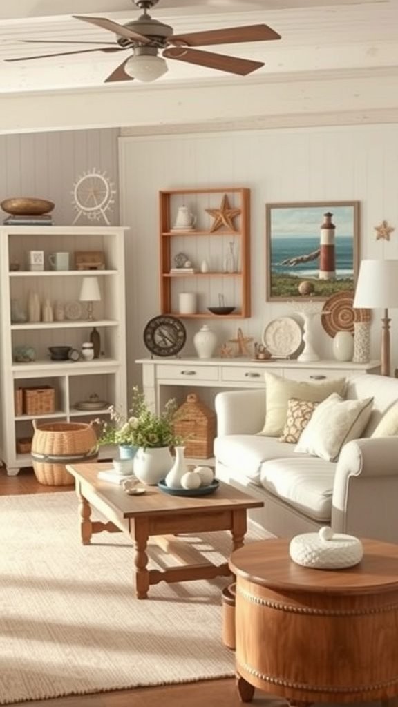 Coastal living room with vintage decor and soft colors