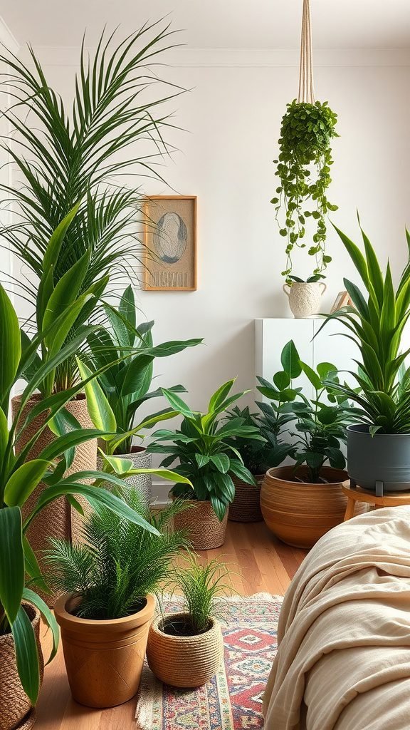 A cozy boho bedroom filled with various indoor plants in different pots, creating a fresh and inviting atmosphere.
