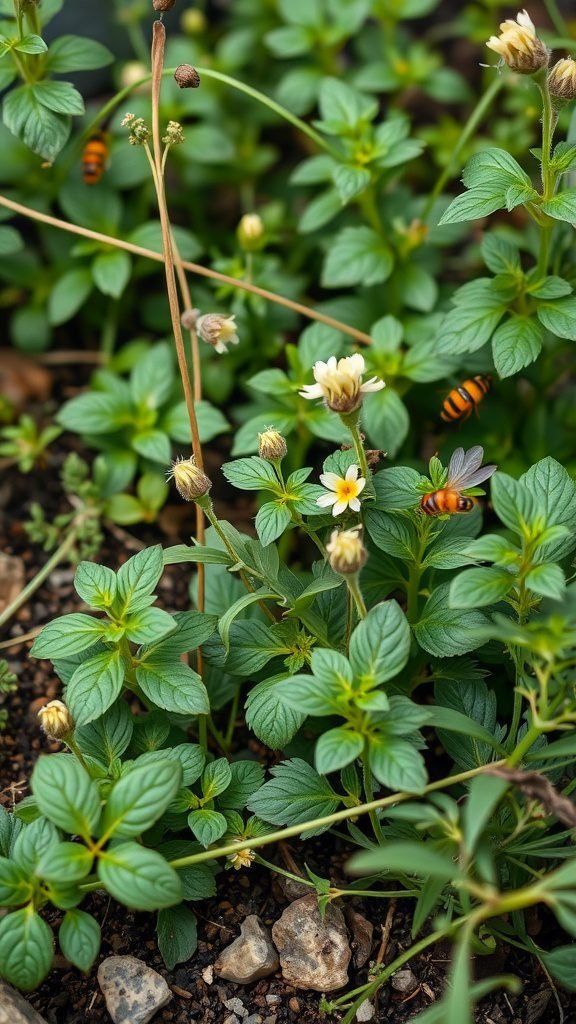A close-up of green herbs with small flowers and insects buzzing around.