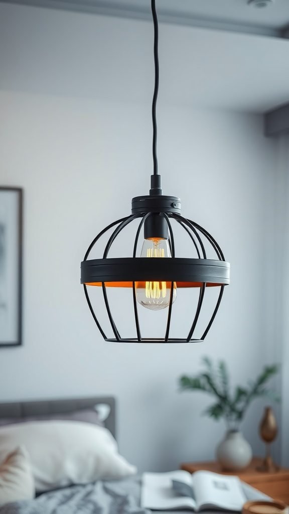 A black metal cage light fixture hanging in a cozy bedroom setting.