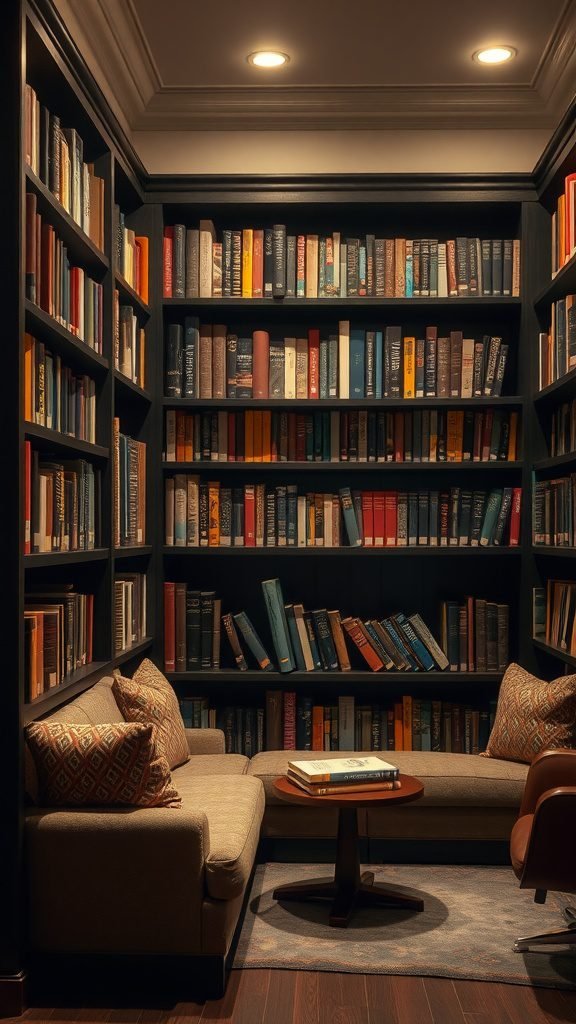 Cozy book nook in a dark feminine bedroom with shelves of books and a comfortable seating area.