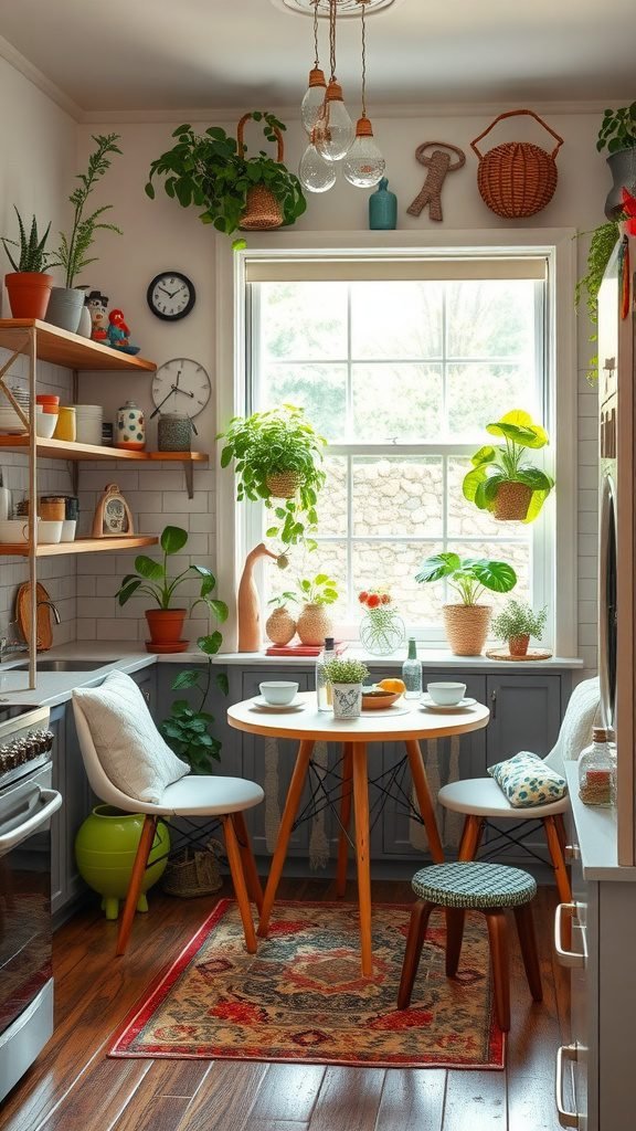 A cozy kitchen nook filled with plants, a round wooden table with chairs, and shelves displaying charming kitchenware.