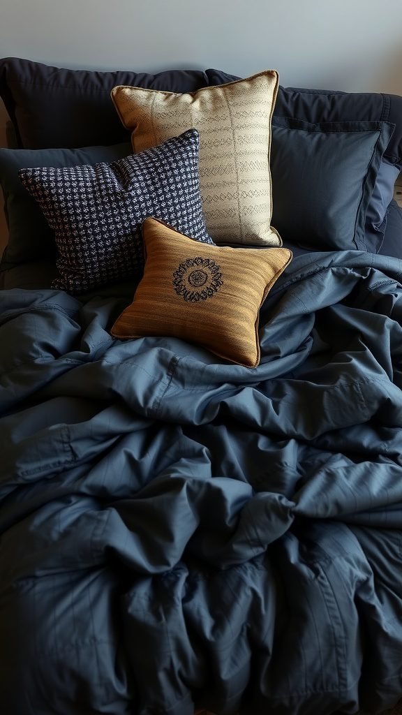 A layered bedding setup featuring various pillows and a dark duvet.